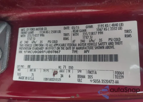 2015 Ford Escape Se from USA, damaged, VIN 1FMCU9G95FUB97867